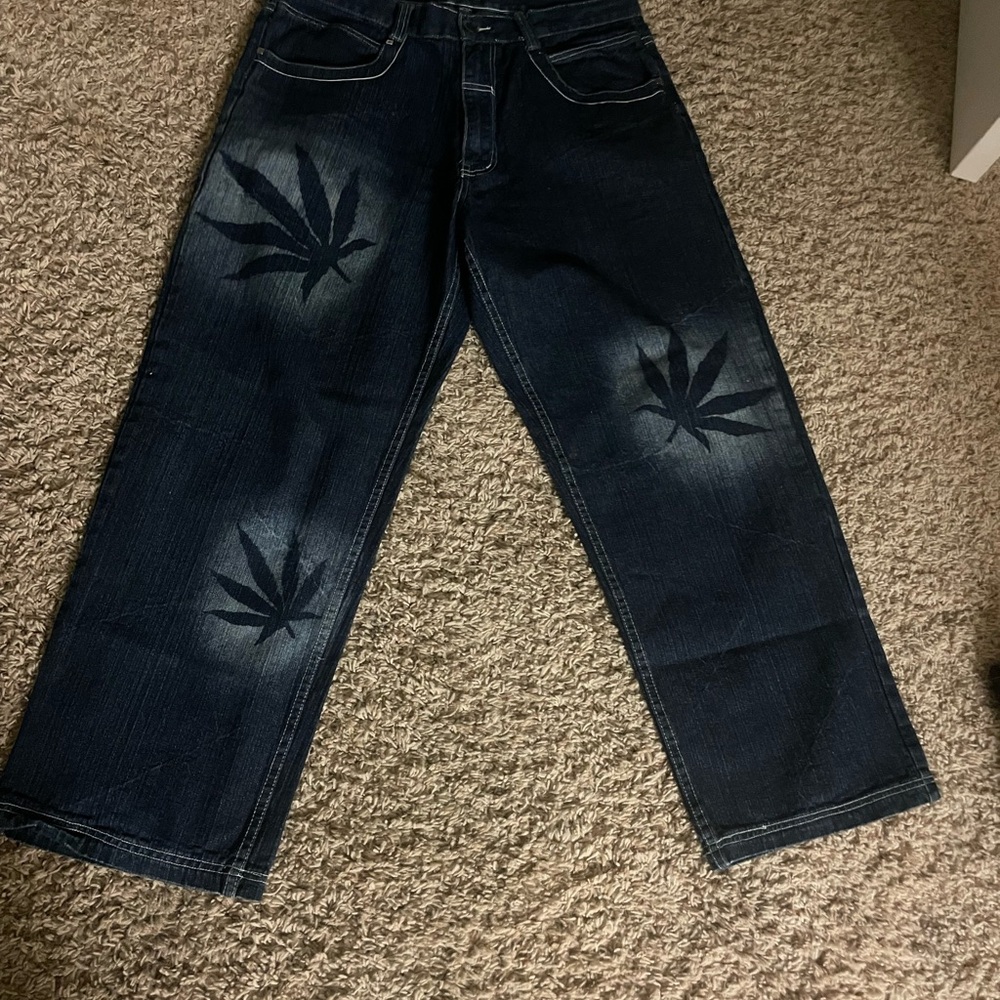 Men's Blue Jeans with Leaf Design